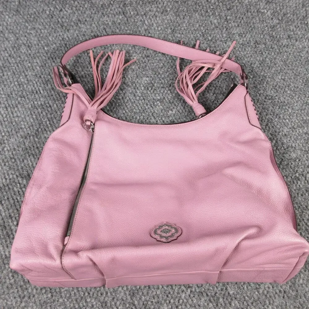 The Sak Hobo Bag Womens Large Pink Leather Woven Tassel Zip Silver Hardware